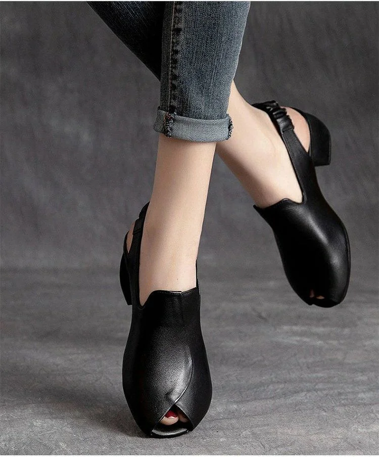 Soft-Soled Retro Leather Fish Mouth Women's Shoes